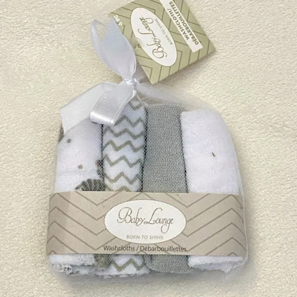 NWT Baby Lounge Washcloths- Set Of 4‎ white & Gray Baby Zebra Waves Solid Gray